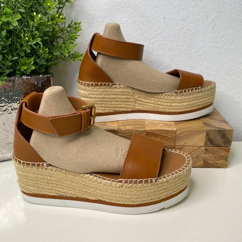 See by Chloe Glyn Calf‎ Leather Espadrille Platform Sandals Tan Size 8